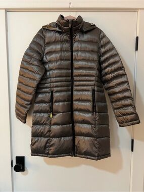 Andrew Marc Premium Down Long Puffer Coat Brown Taupe Large
